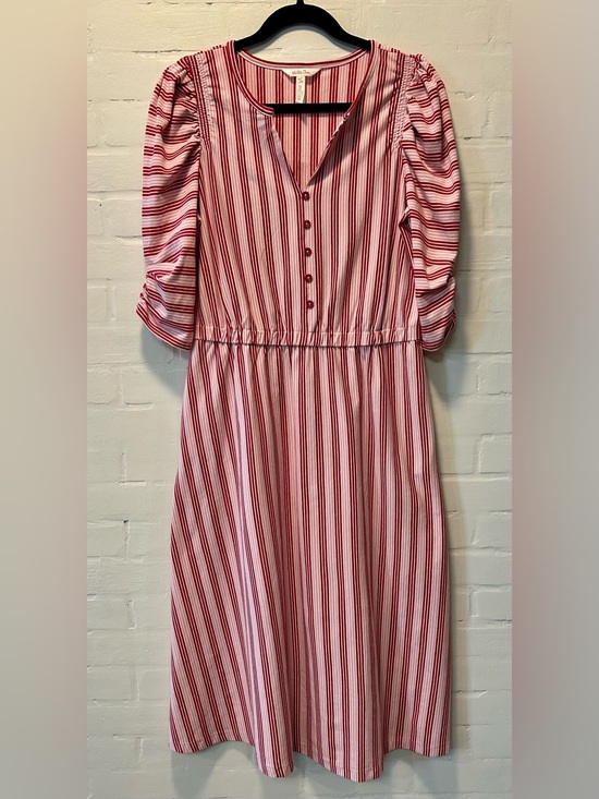 Matilda Jane Dresses & Skirts - Matilda Jane Red Pink White Striped Midi Dress Puff Sleeve Cottagecore Small